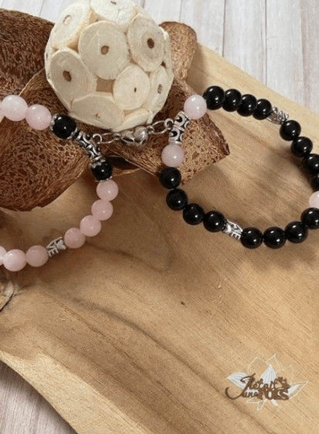 Bracelet "Couple" Obsidienne Noire/Quartz Rose