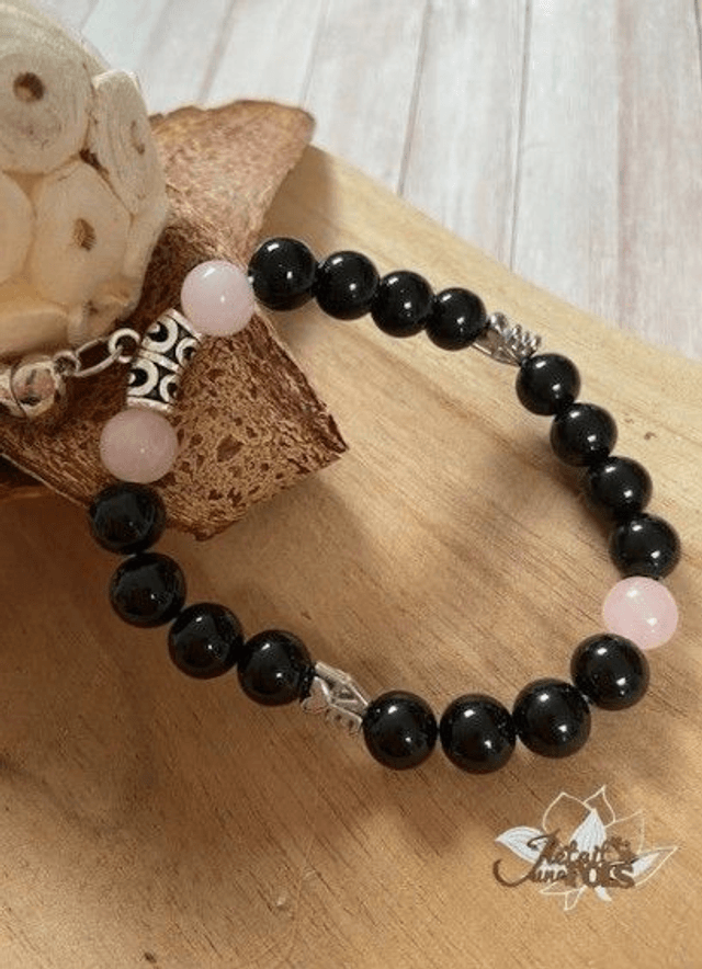 Bracelet "Couple" Obsidienne Noire/Quartz Rose