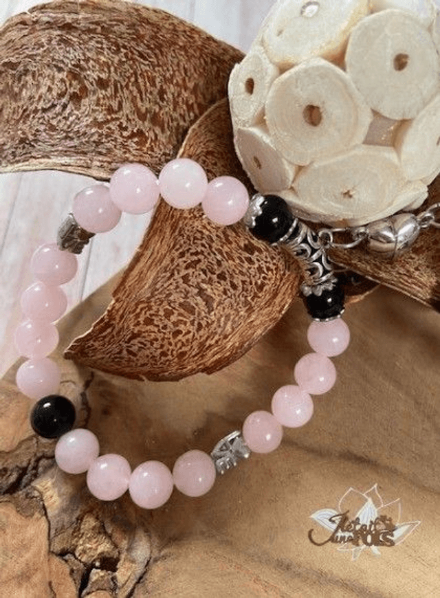 Bracelet "Couple" Obsidienne Noire/Quartz Rose